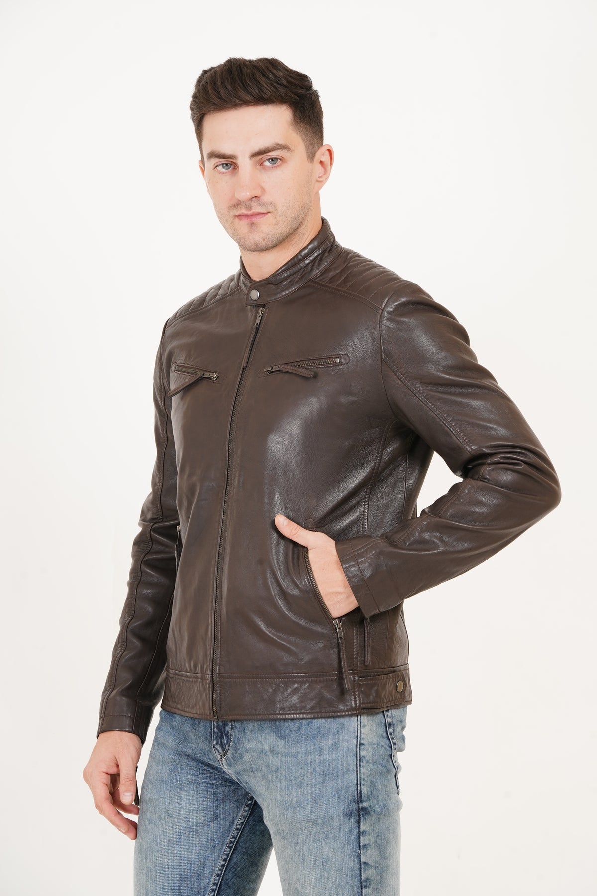 100% Heavy Washed Leather Snap Collar Jacket -| MX19 🔥 Hot Selling