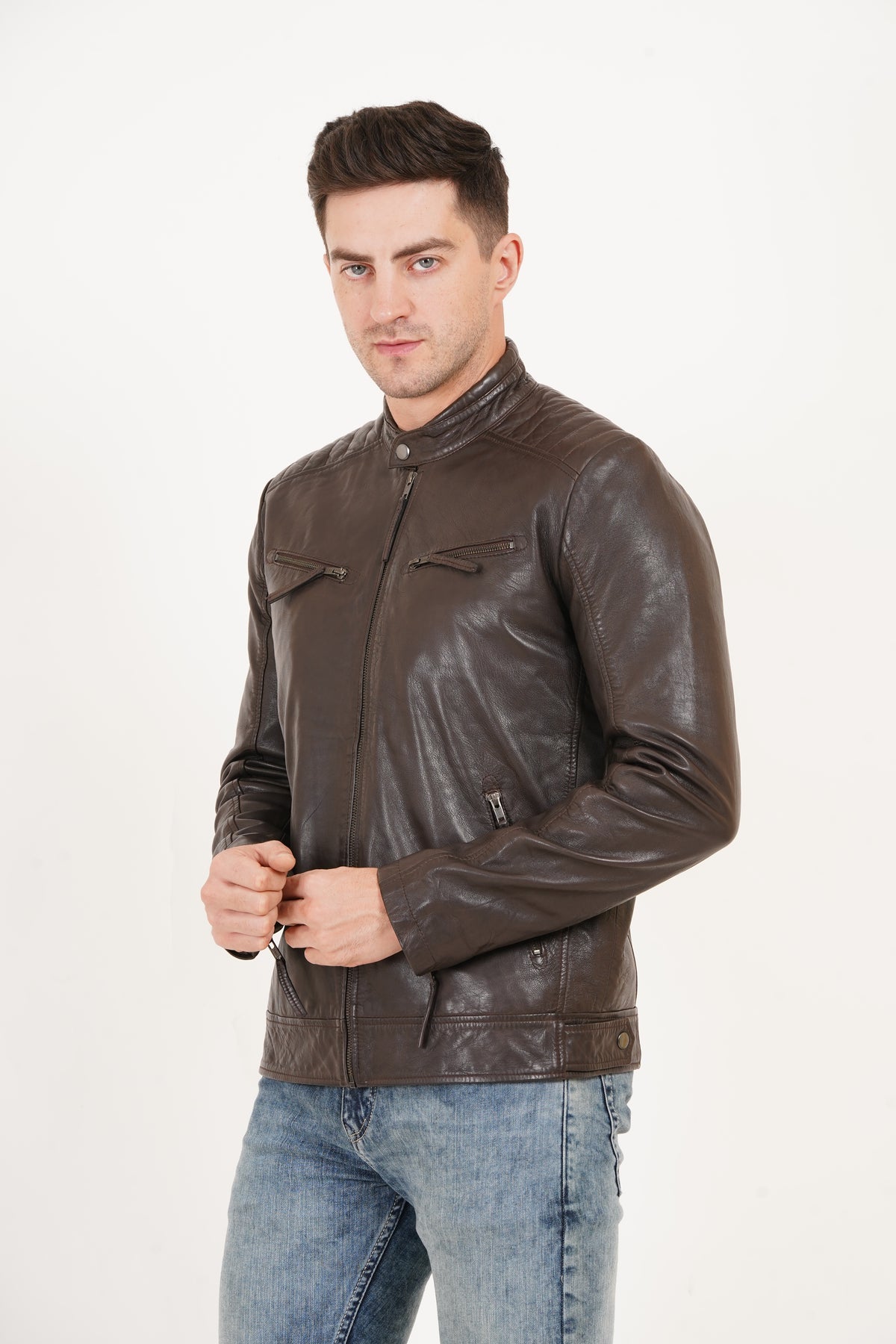 100% Heavy Washed Leather Snap Collar Jacket -| MX19 🔥 Hot Selling