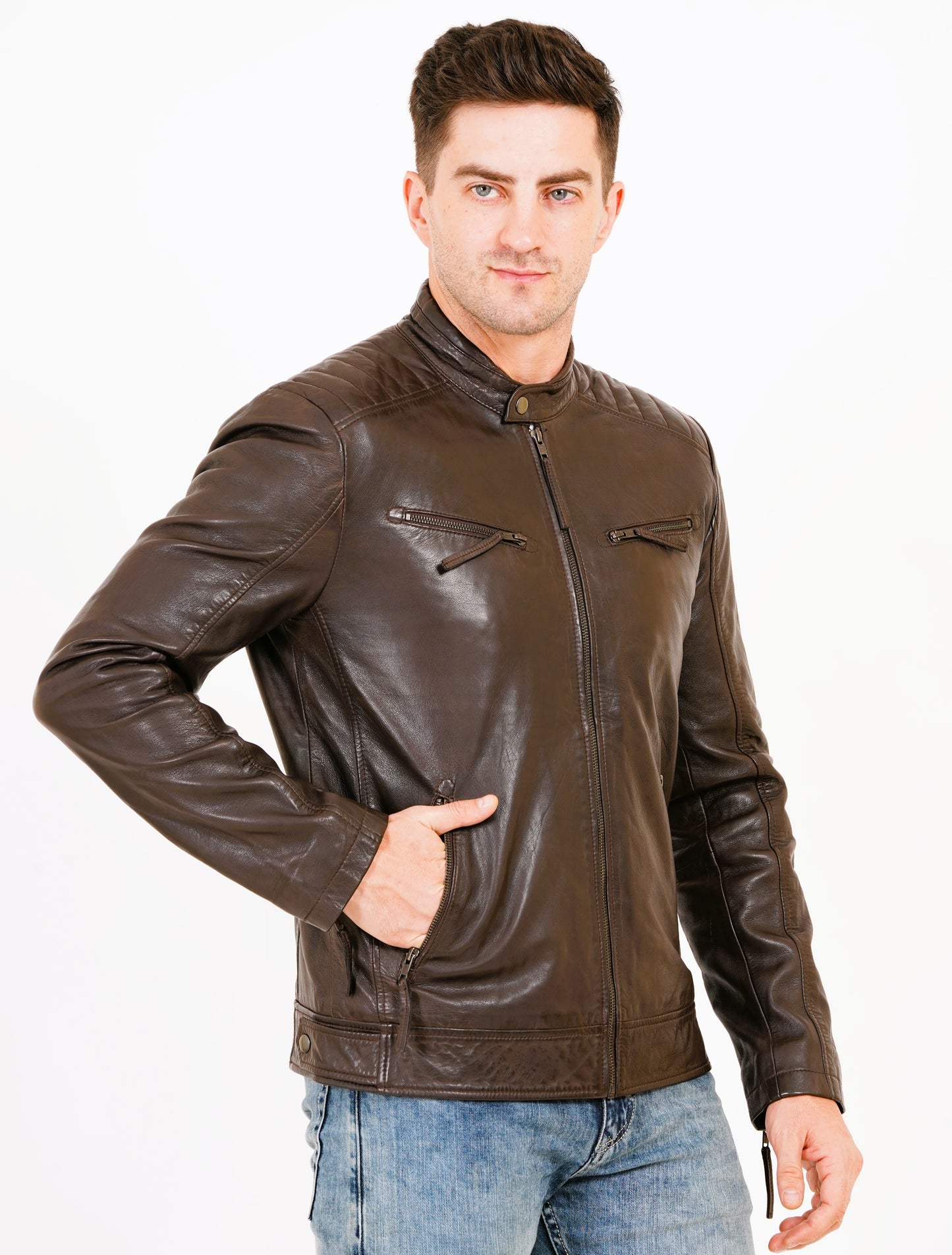 100% Heavy Washed Leather Snap Collar Jacket - Brown | MX19
