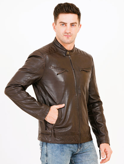 100% Heavy Washed Leather Snap Collar Jacket - Brown | MX19