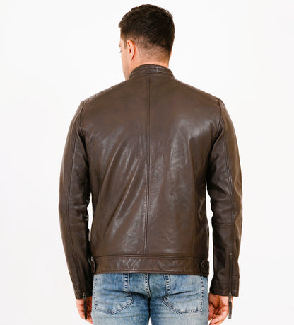 100% Heavy Washed Leather Snap Collar Jacket - Brown | MX19