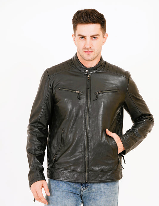 100% Heavy Washed Leather Snap Collar Jacket - Black | MX19 🔥 Hot Selling