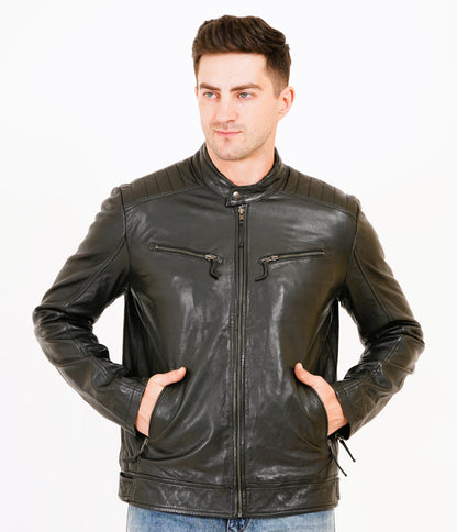 100% Heavy Washed Leather Snap Collar Jacket - Black | MX19 🔥 Hot Selling