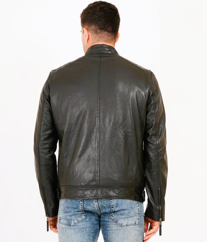 100% Heavy Washed Leather Snap Collar Jacket - Black | MX19 🔥 Hot Selling