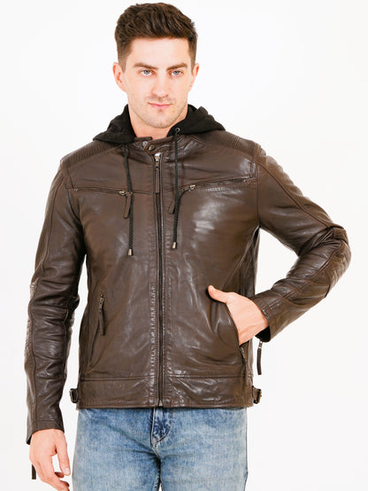 100% Heavy Washed Detachable Hood Jacket - Brown | MX20