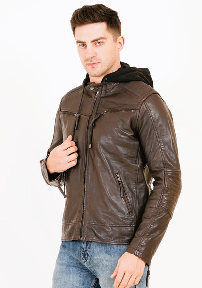 100% Heavy Washed Detachable Hood Jacket - Brown | MX20