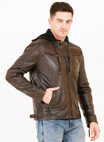 100% Heavy Washed Detachable Hood Jacket - Brown | MX20