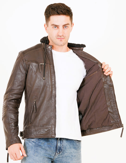 100% Heavy Washed Detachable Hood Jacket - Brown | MX20