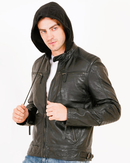 100% Heavy Washed Detachable Hood Jacket - Black | MX20