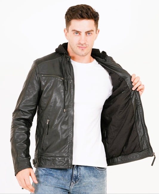 100% Heavy Washed Detachable Hood Jacket - Black | MX20