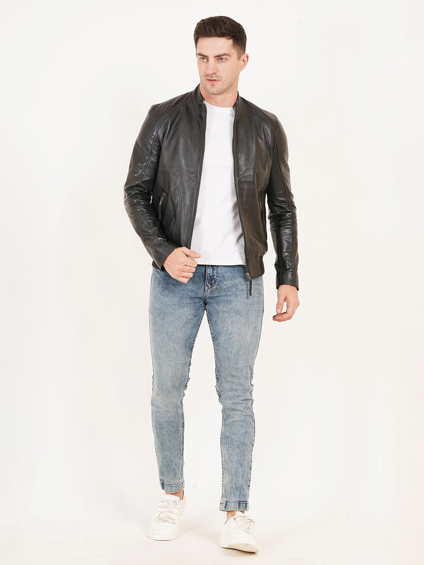 100% Leather Stand Bomber Jacket | MX53