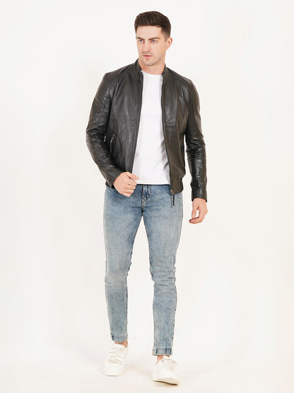 100% Leather Stand Bomber Jacket | MX53