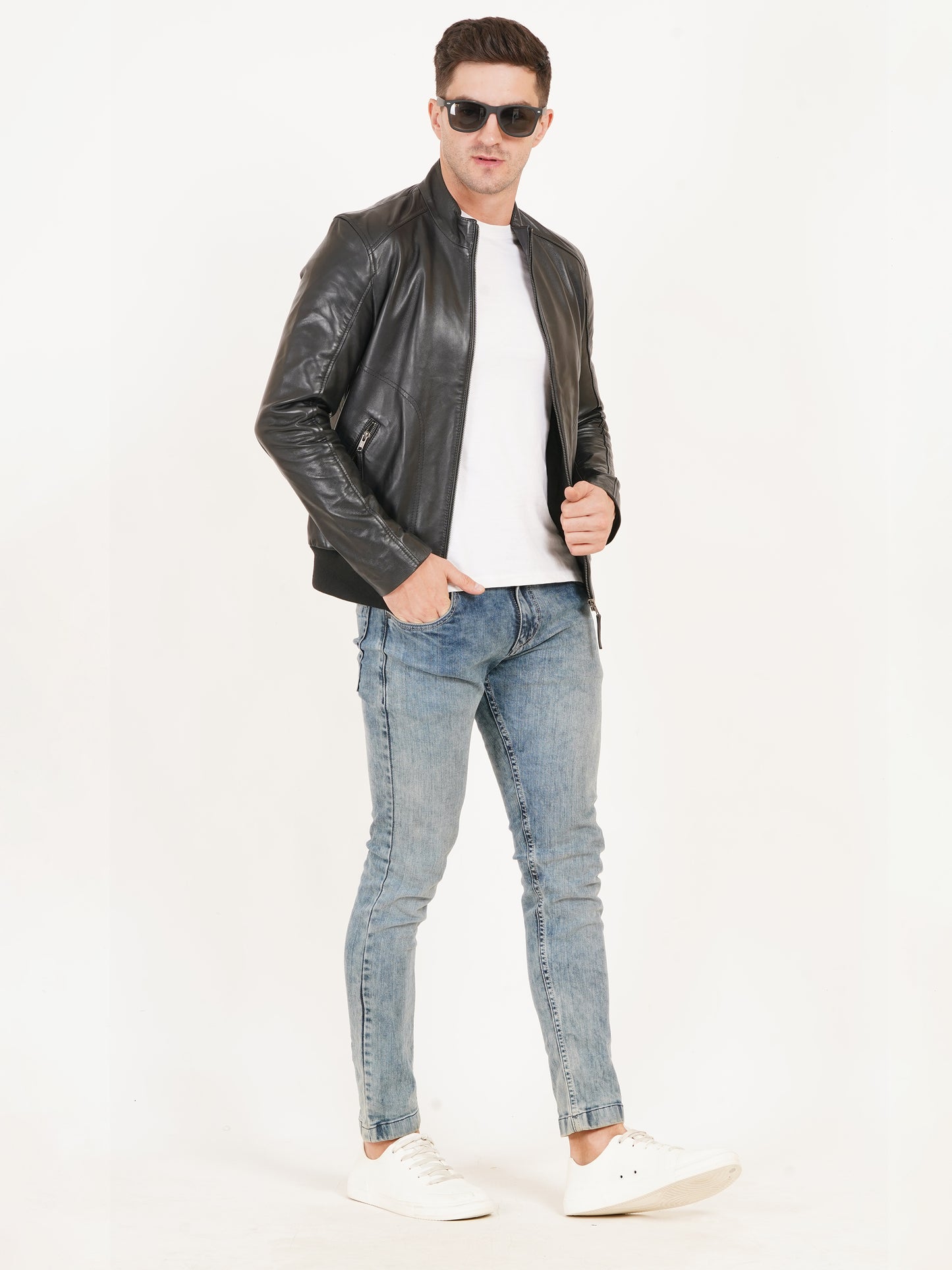 100% Leather Stand Bomber Jacket | MX53