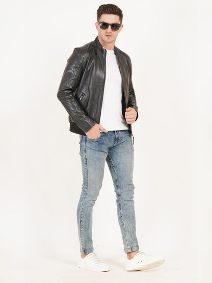 100% Leather Stand Bomber Jacket | MX53