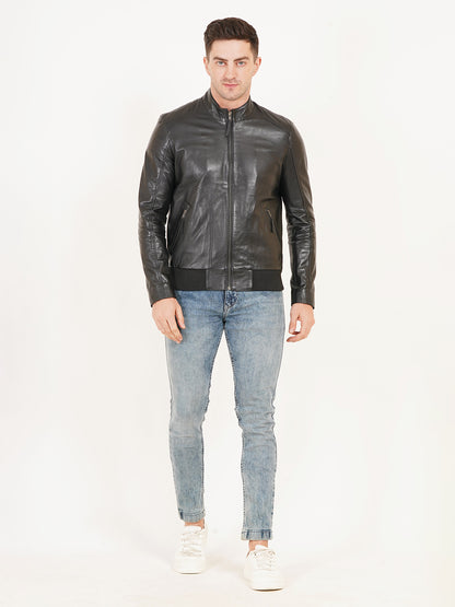 100% Leather Stand Bomber Jacket | MX53