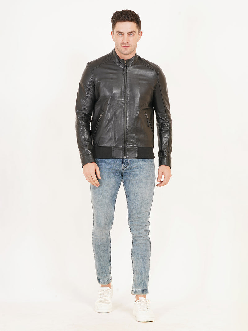 100% Leather Stand Bomber Jacket | MX53