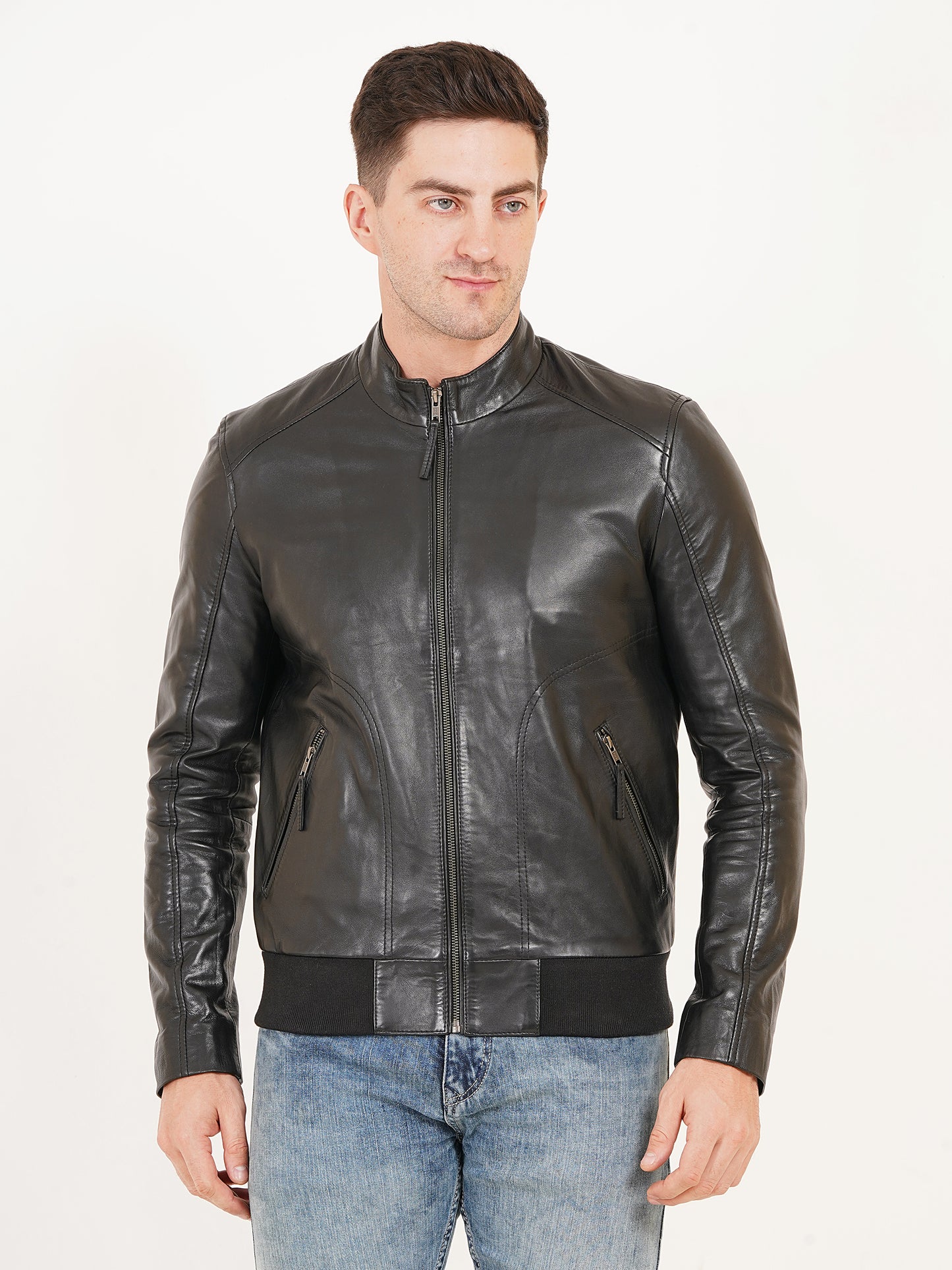 100% Leather Stand Bomber Jacket | MX53