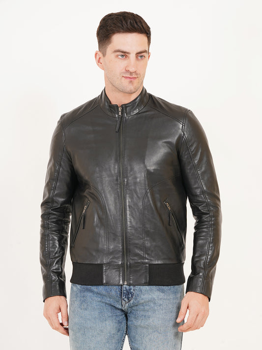 100% Leather Stand Bomber Jacket | MX53