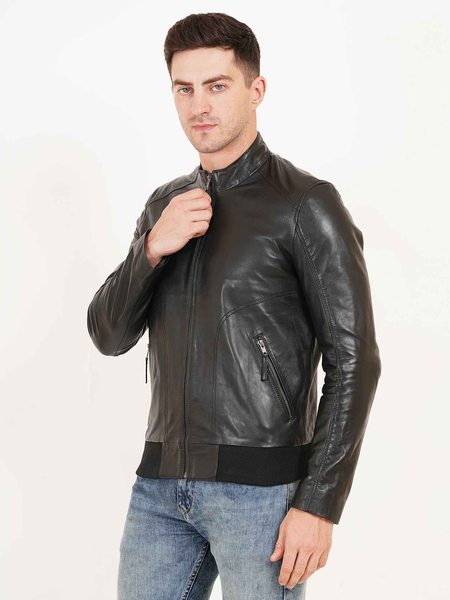 100% Leather Stand Bomber Jacket | MX53