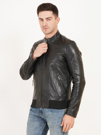 100% Leather Stand Bomber Jacket | MX53