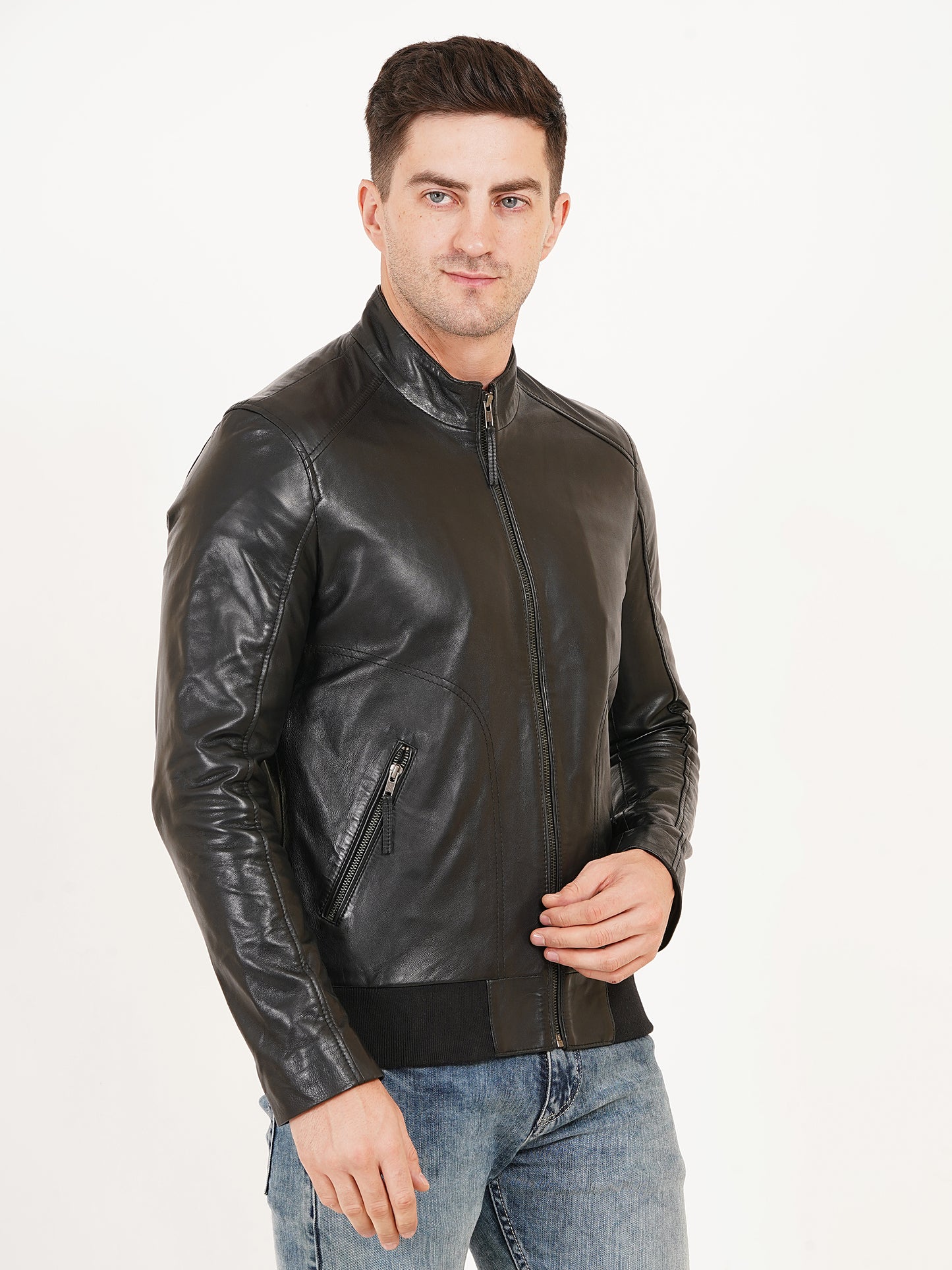 100% Leather Stand Bomber Jacket | MX53