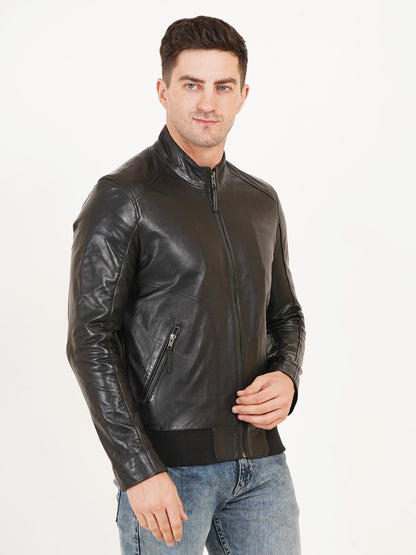 100% Leather Stand Bomber Jacket | MX53