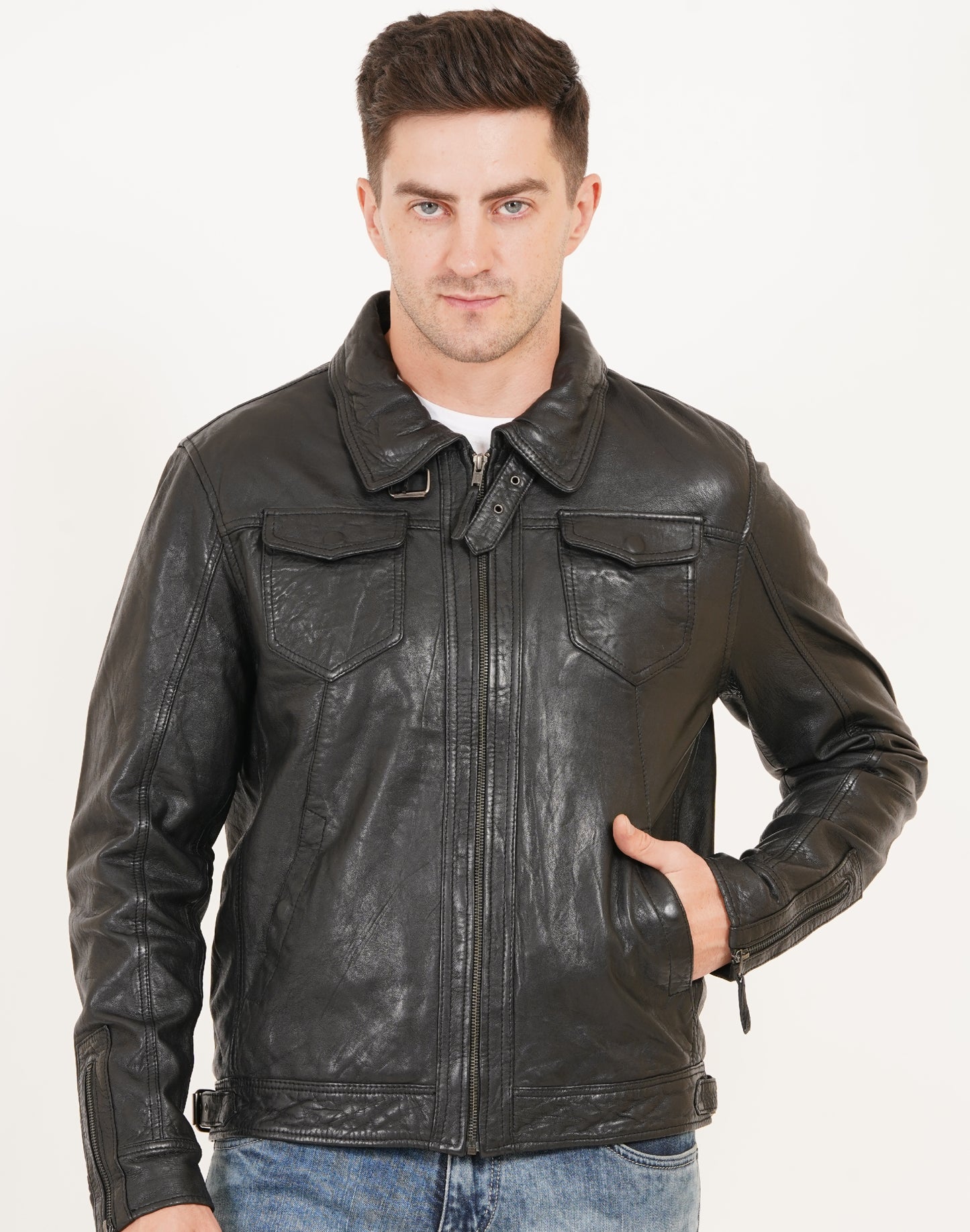 100% HEAVY WASHED SILVY COLLAR JACKET - BLACK | MX92