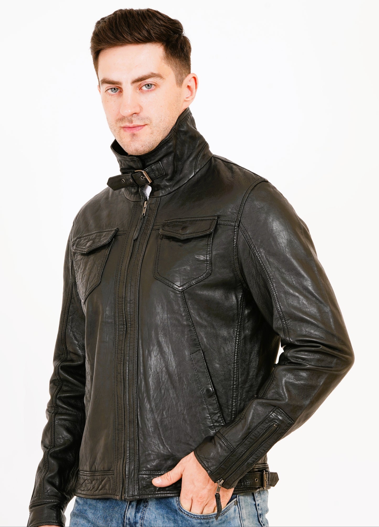 100% HEAVY WASHED SILVY COLLAR JACKET - BLACK | MX92