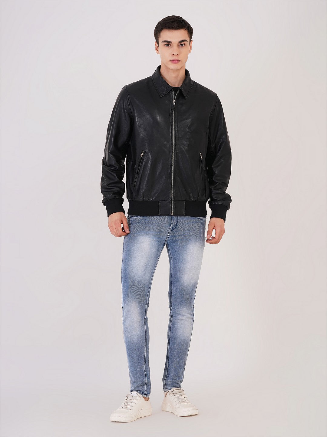 100% WASHED LEATHER COLLAR BOMBOR JACKET  MX 55