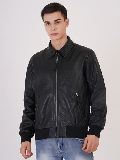 100% WASHED LEATHER COLLAR BOMBOR JACKET  MX 55