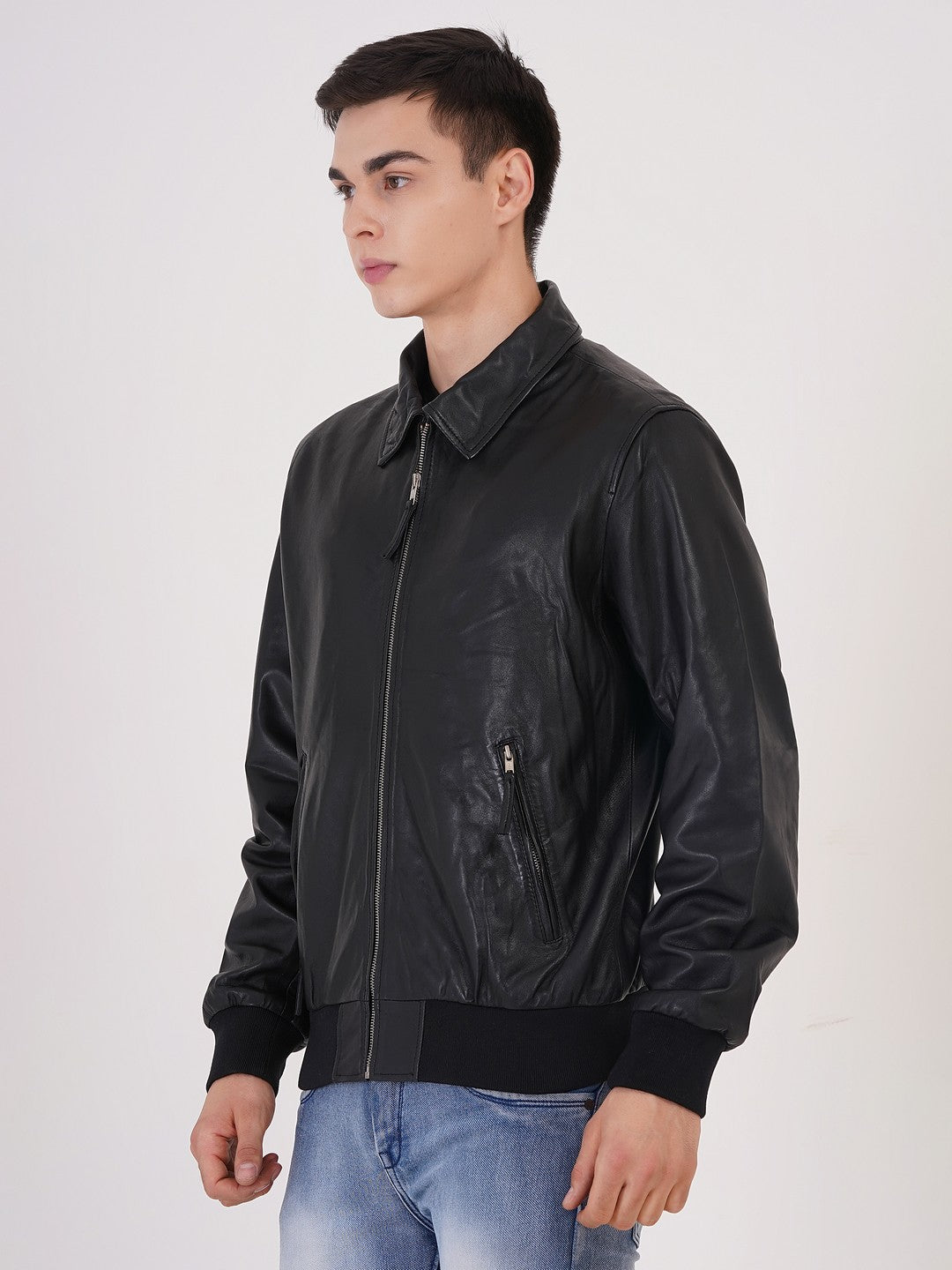 100% WASHED LEATHER COLLAR BOMBOR JACKET  MX 55