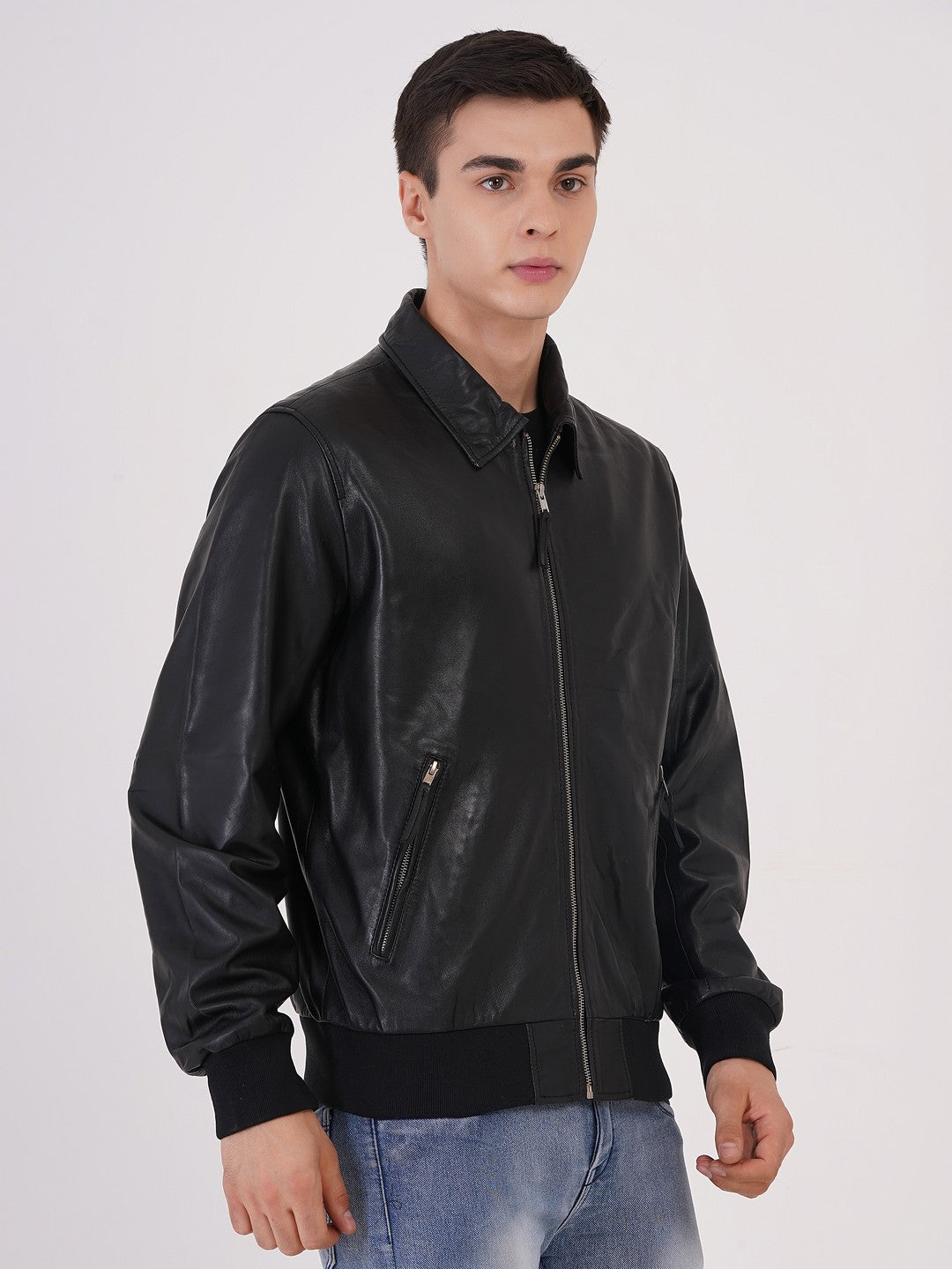 100% WASHED LEATHER COLLAR BOMBOR JACKET  MX 55