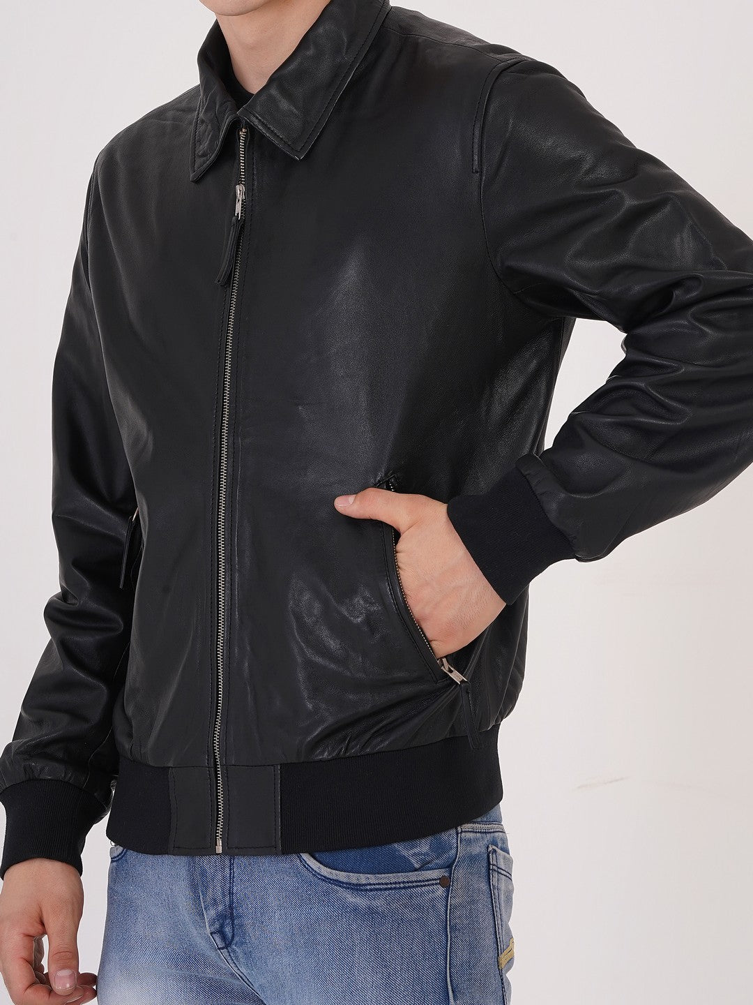 100% WASHED LEATHER COLLAR BOMBOR JACKET  MX 55