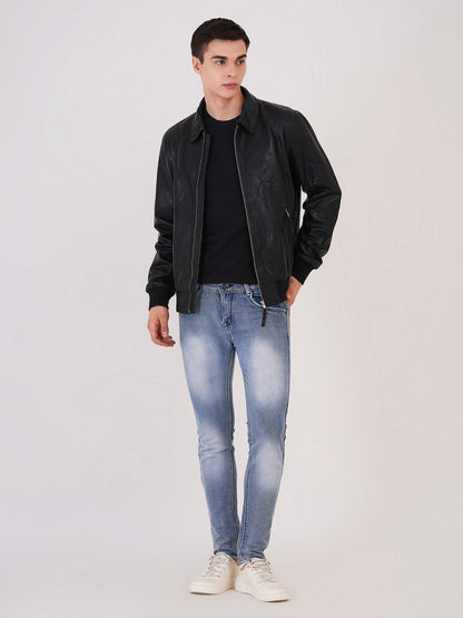 100% WASHED LEATHER COLLAR BOMBOR JACKET  MX 55