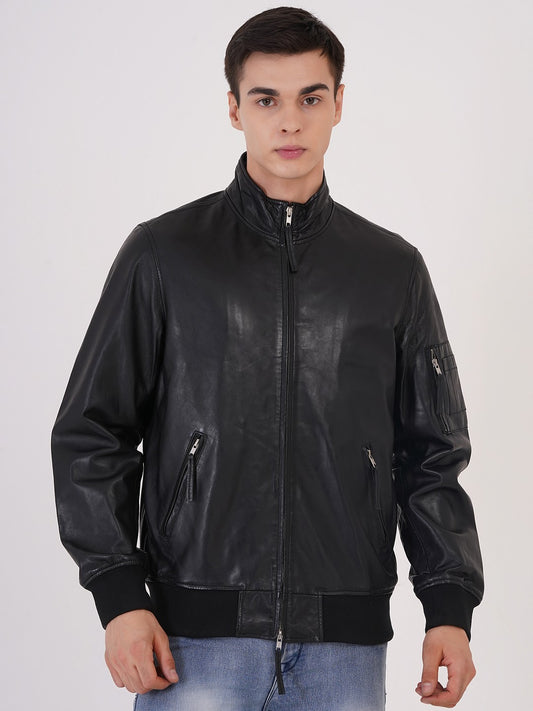 100% Washed Leather Zip Up Bomber Jacket - Black | MX 80