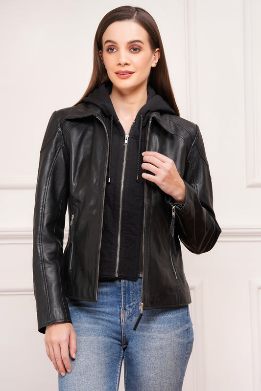 100% Washed Leather Detachable hood Jacket | WX47