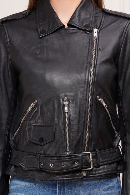 100% Leather Motorcycle Flap Pocket Jacket - Black | WX88