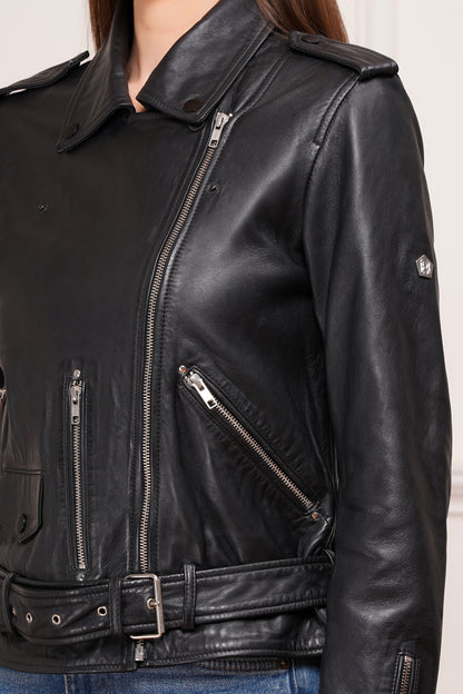 100% Leather Motorcycle Flap Pocket Jacket - Black | WX88