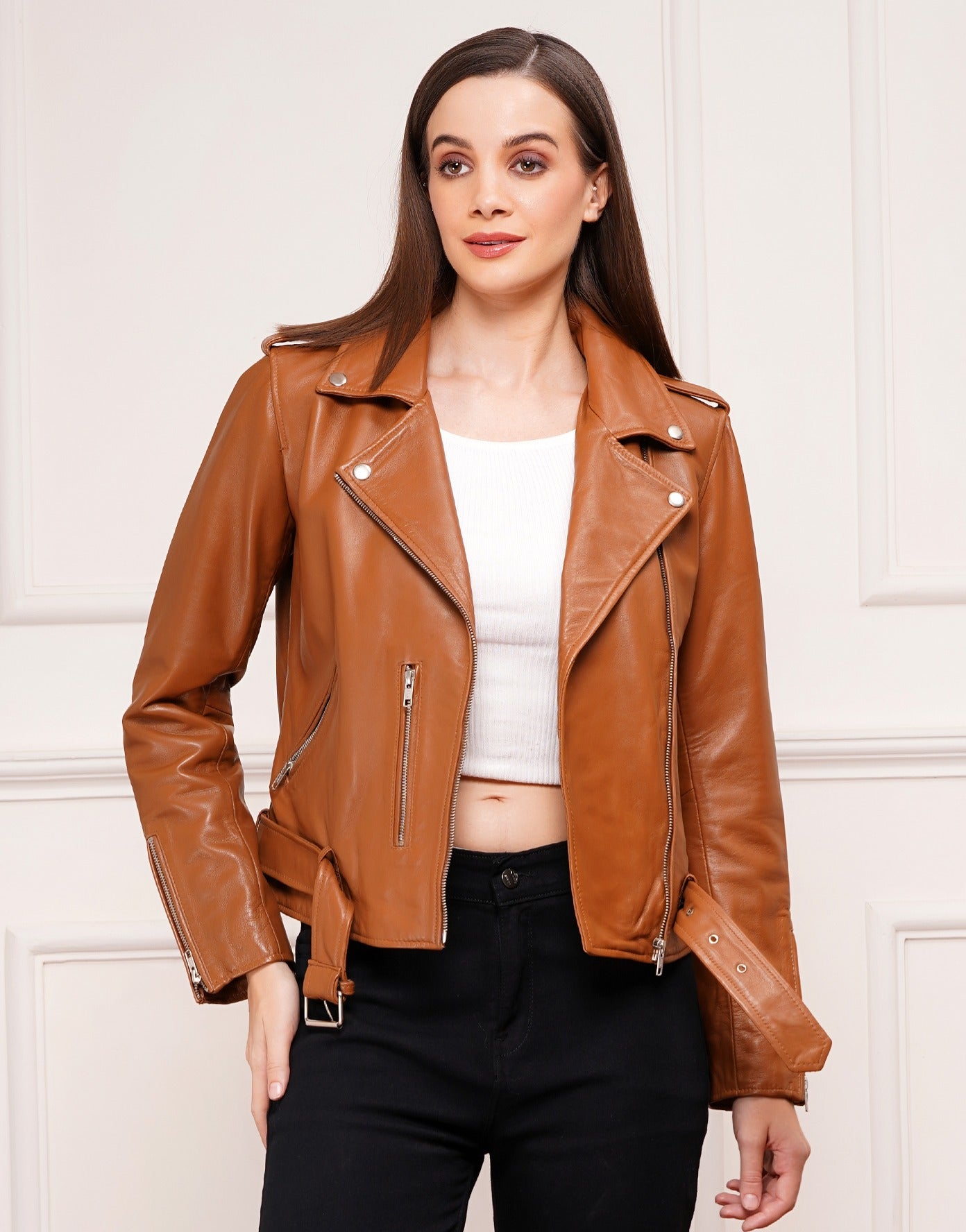 100% Leather Motorcycle Jacket - Cognac | WX114