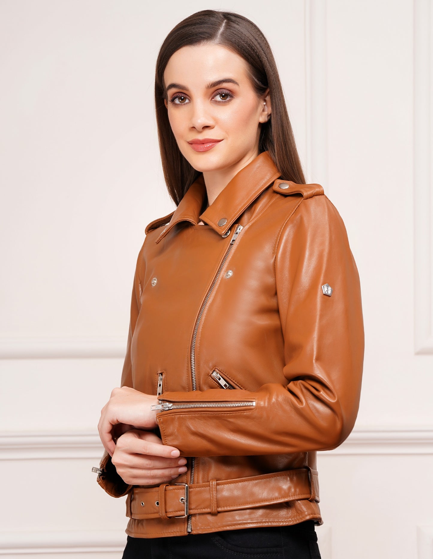 100% Leather Motorcycle Jacket - Cognac | WX114