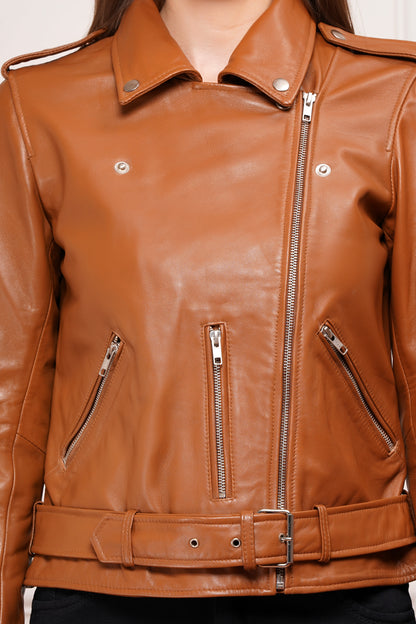 100% Leather Motorcycle Jacket - Cognac | WX114