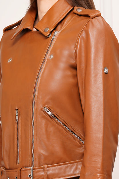 100% Leather Motorcycle Jacket - Cognac | WX114