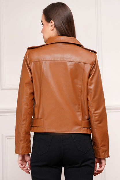 100% Leather Motorcycle Jacket - Cognac | WX114