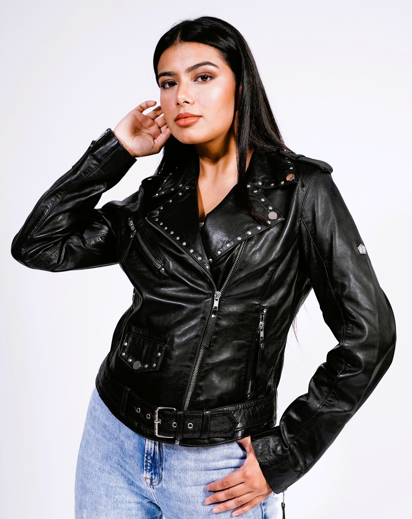 100% Leather Stud Biker Jacket | WX29