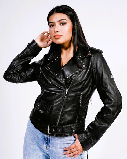100% Leather Stud Biker Jacket | WX29