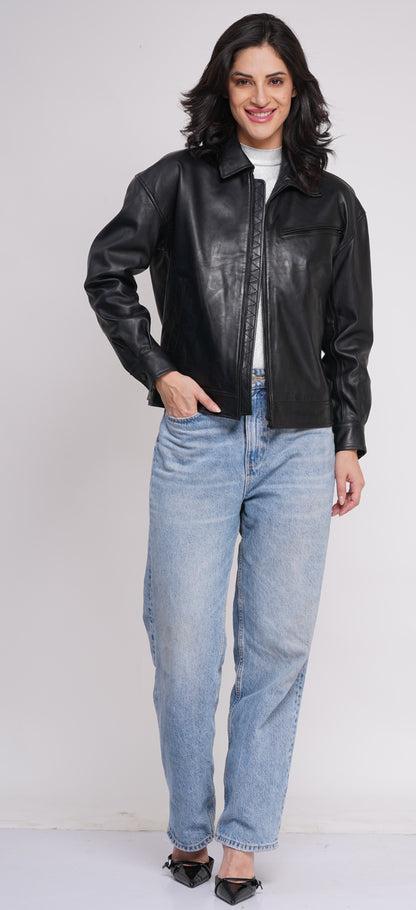 100% Leather Oversized Bombor Jacket - WX 101
