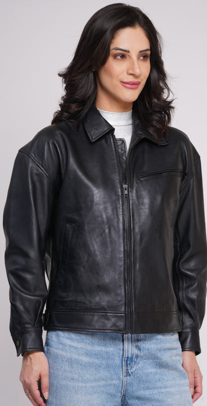 100% Leather Oversized Bombor Jacket - WX 101