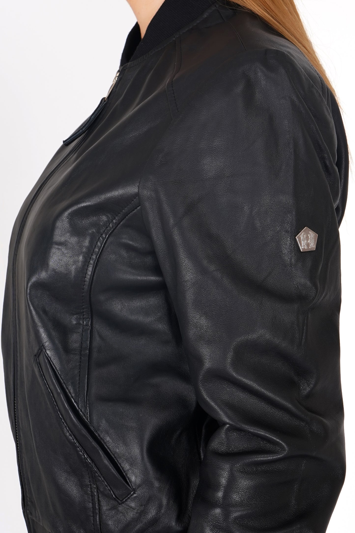 100% Washed Leather Rib Collar Bomber Jacket - WX 97