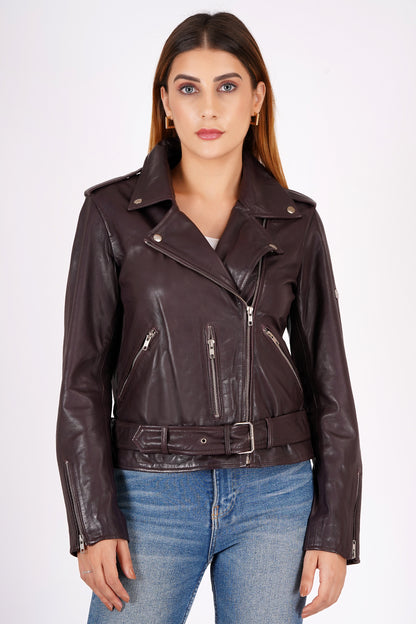 100% Leather Motorcycle Flap Pocket Jacket - Burgundy | WX114