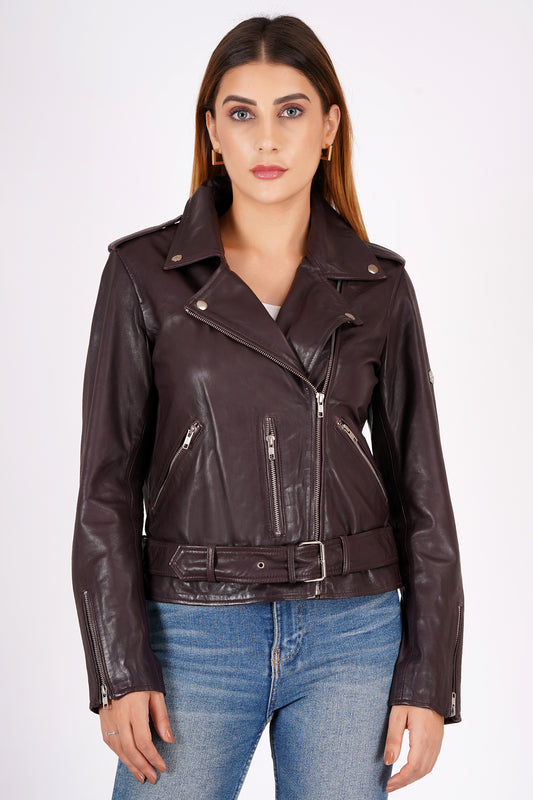 100% Leather Motorcycle Flap Pocket Jacket - Burgundy | WX114